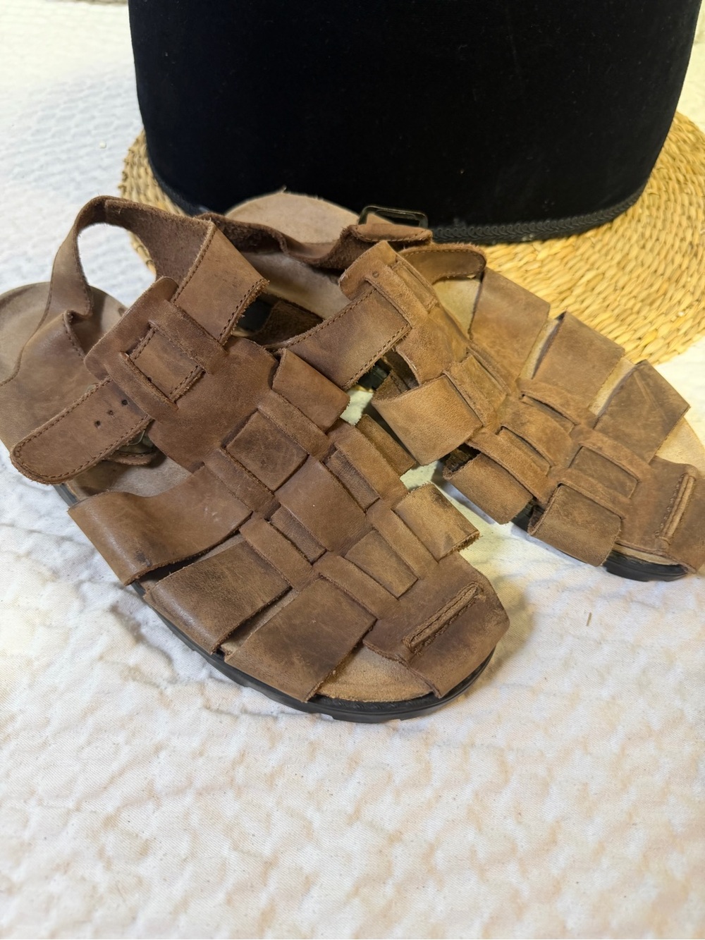 Women's Brown Woven Leather Sandals with Adjustable Strap